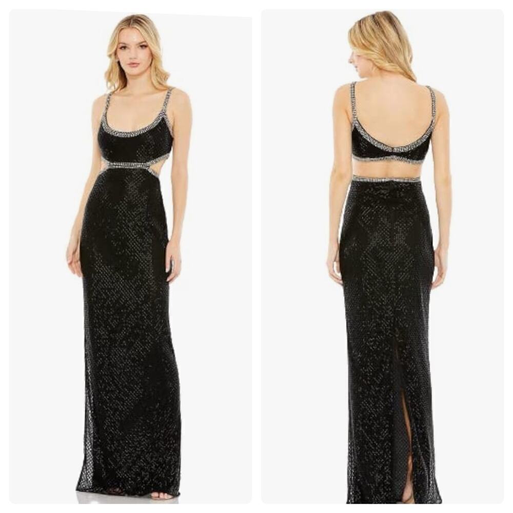 Mac Duggal Beaded Open Back Cut- Out Back Slit Gown Prom Dress Black Size 8 NWT
